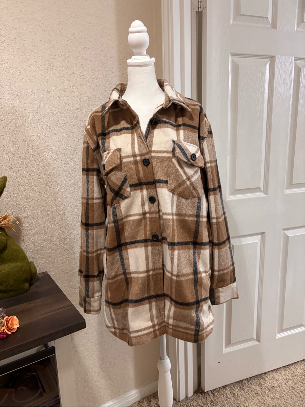Thread & Supply Brown Plaid Utility Shacket. NWT but does have small red in pic.